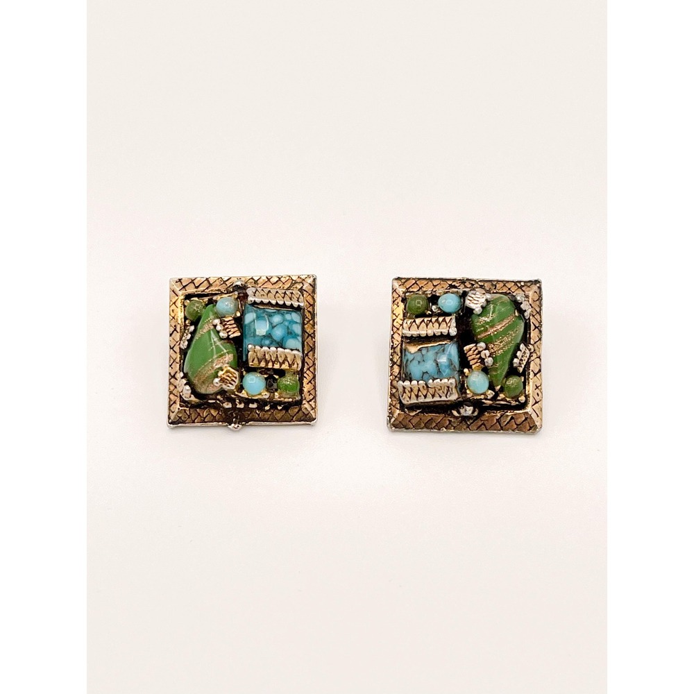 Vtg Mosaic Inlay Clip-On Earrings – Square Turquoise & Green Glass  Grannycore